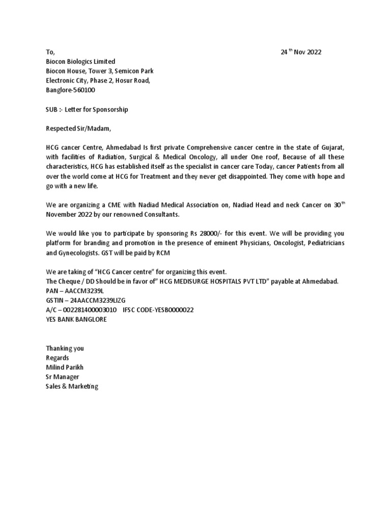 Biocon Sponsorship Request for CME Event | PDF