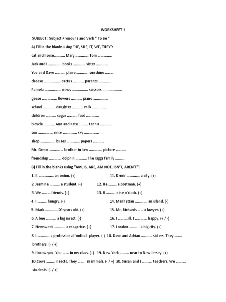 Subject Pronouns and Verb "To Be" Worksheet | PDF