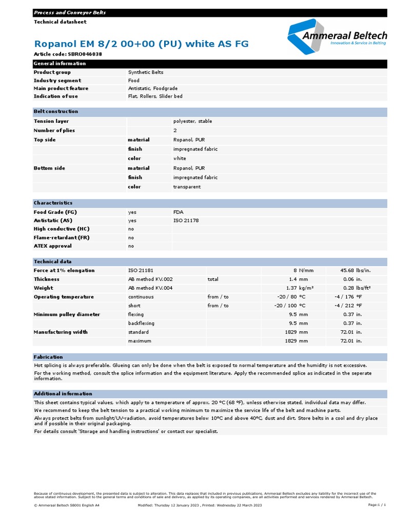 Ropanol Foodgrade Conveyor Belt Details | PDF