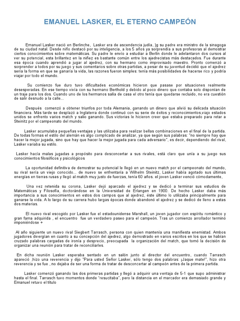 Emanuel Lasker El Eterno Campeon | PDF | Campeonato mundial de ajedrez ...
