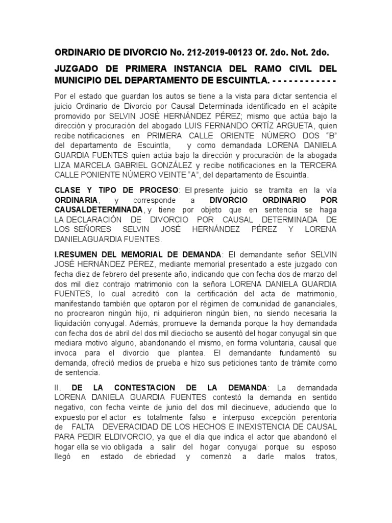Sentencia de Divorcio Ordinario Escuintla | PDF | Divorcio | Sentencia ...