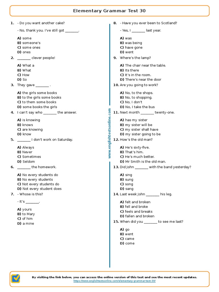 1561 Elementary Grammar Test 30 | PDF
