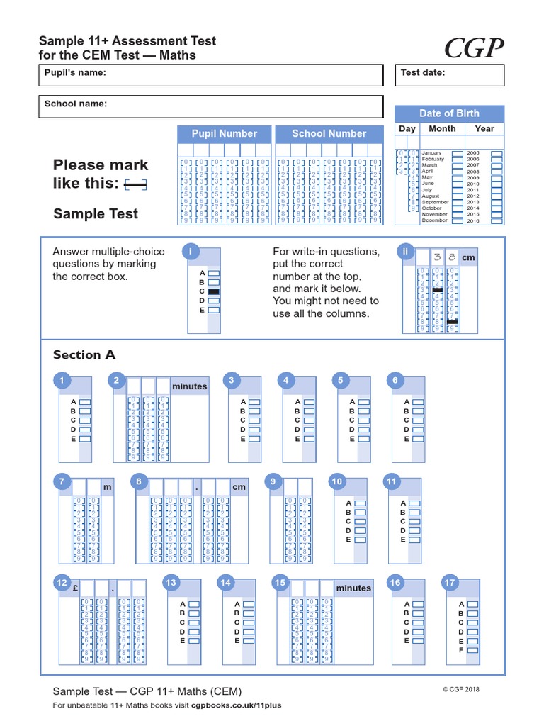 11 Plus Cem Maths Answer Sheet | PDF