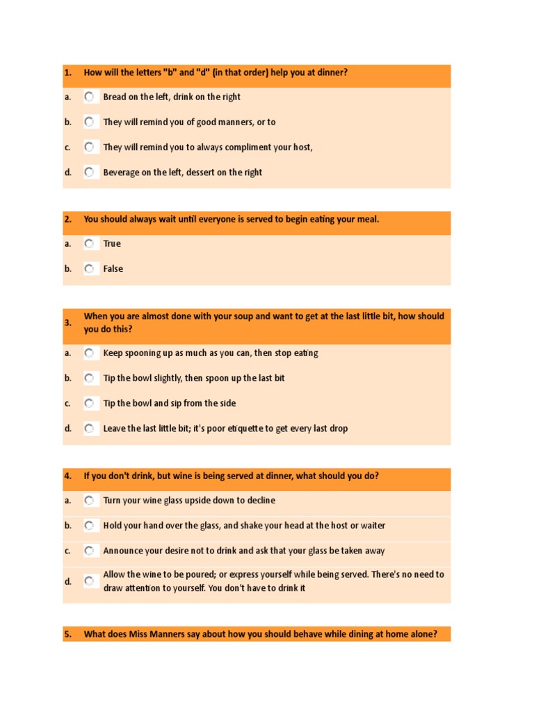 Dining Etiquettes Quiz PDF