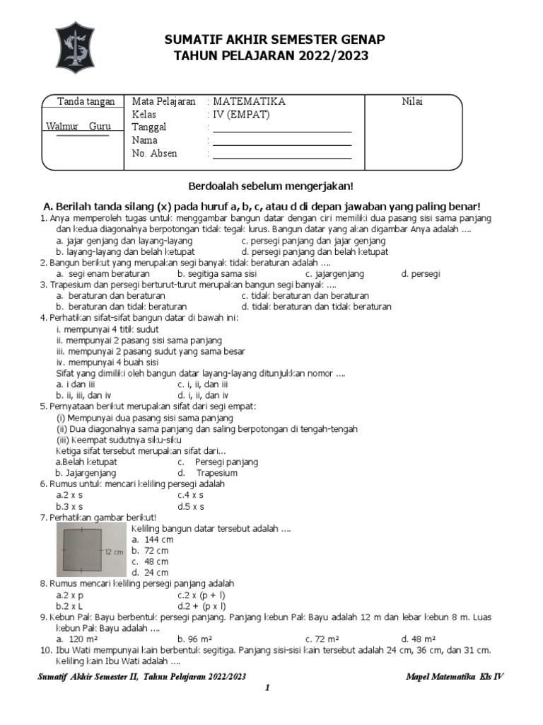 Sat Matematika Kelas 4 Semester 2 Kurikulum Merdeka Sumatif | PDF