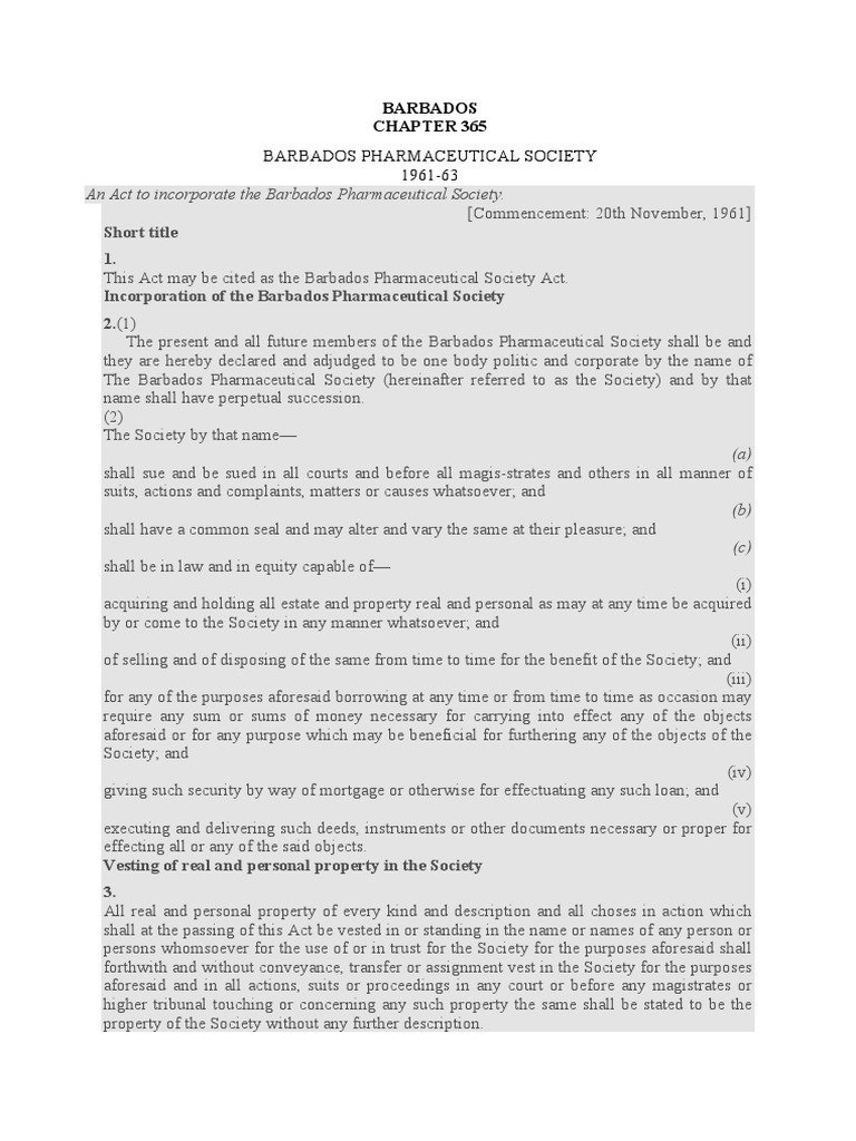 Barbados Pharmaceutical Society Act CAP365 1961 PDF Mortgage Law