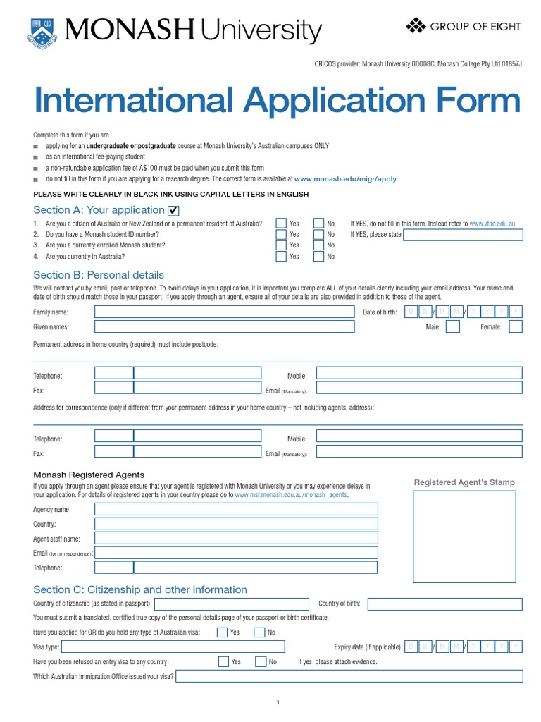 Monash New InternationalApplicationForm2014 Monash PDF Credit Card Travel Visa
