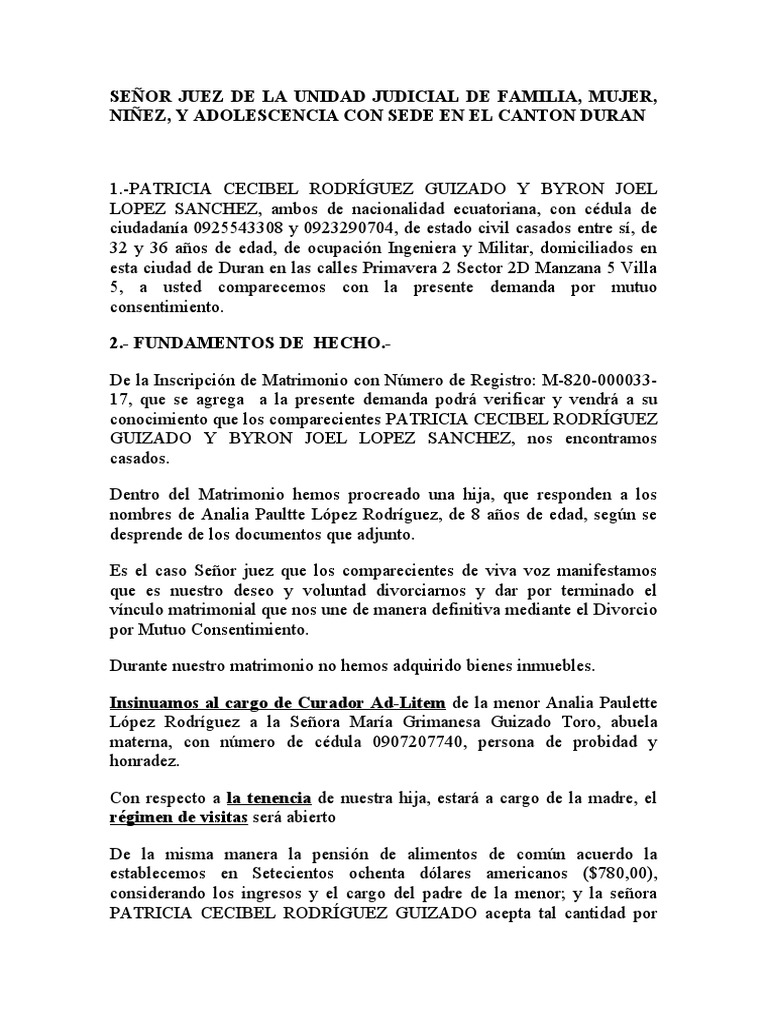 Demanda Divorcio de Mutuo Acuerdo | PDF