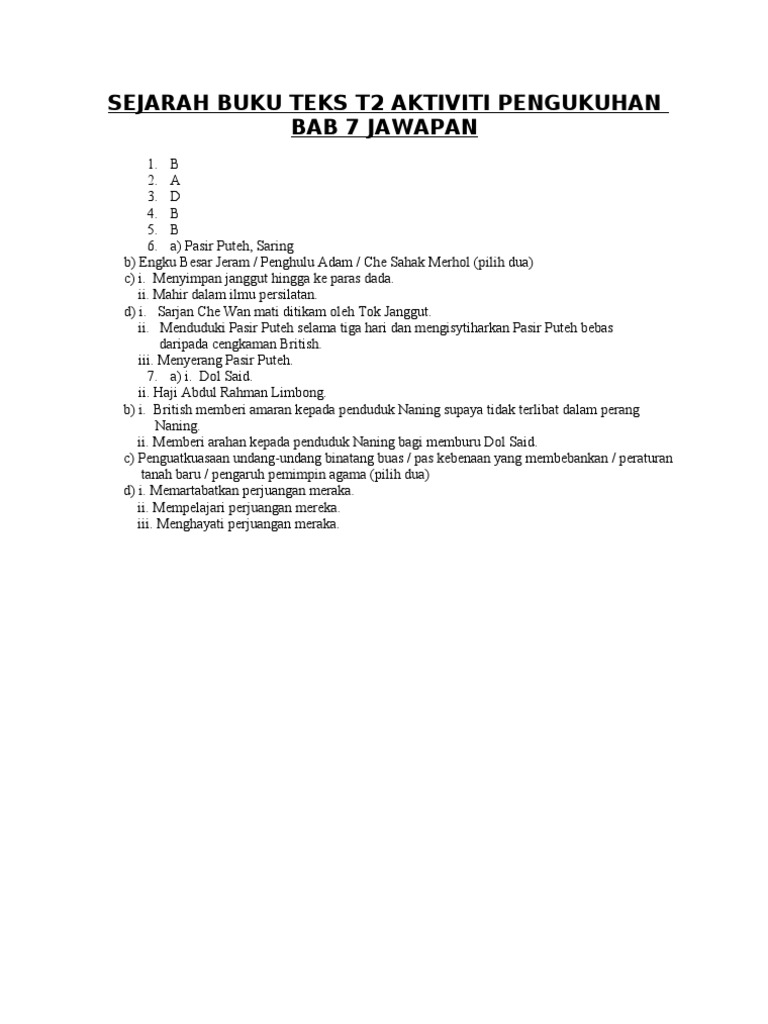 Sejarah Buku Teks Tingkatan 2 Aktiviti Pengukuhan Bab 7 Jawapan Pdf