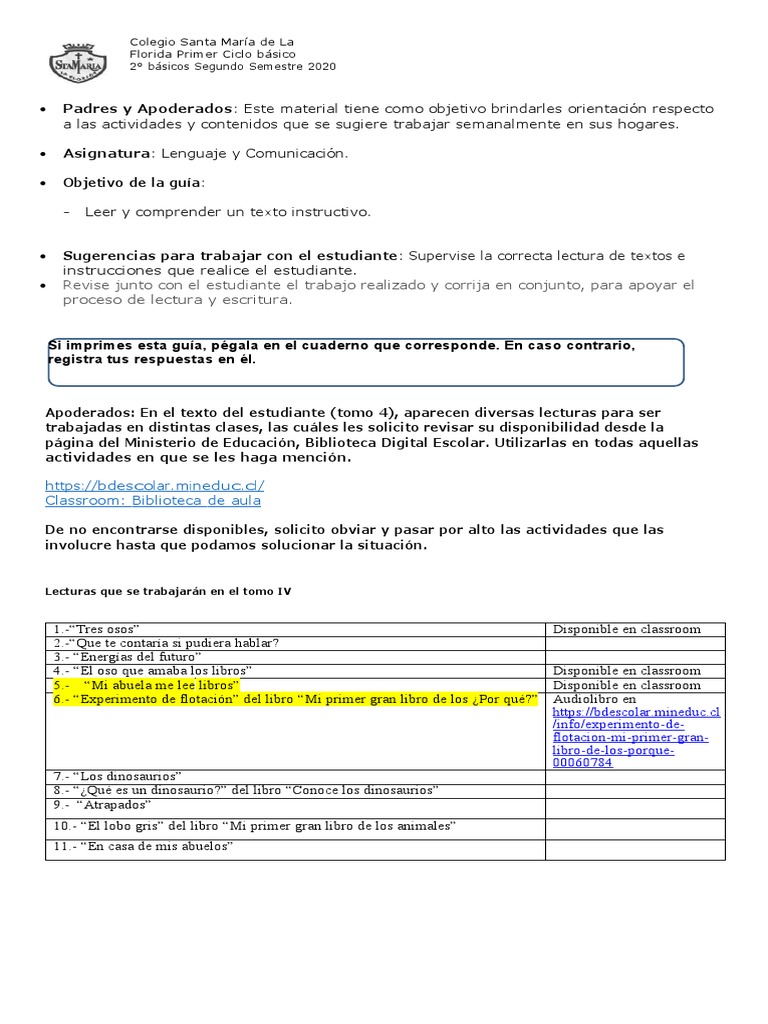 Guía de Actividades de Lenguaje 2° Básico | PDF | Artes del Lenguaje y ...
