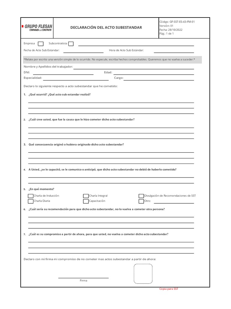 GF-SST-ES-43-FM-01 Declaración Acto Subestandar Ver. 01 | PDF