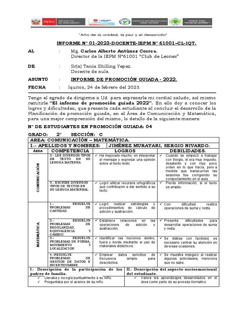 Informe Promocion Guiada. 2022 | PDF | Sustracción | Aprendizaje