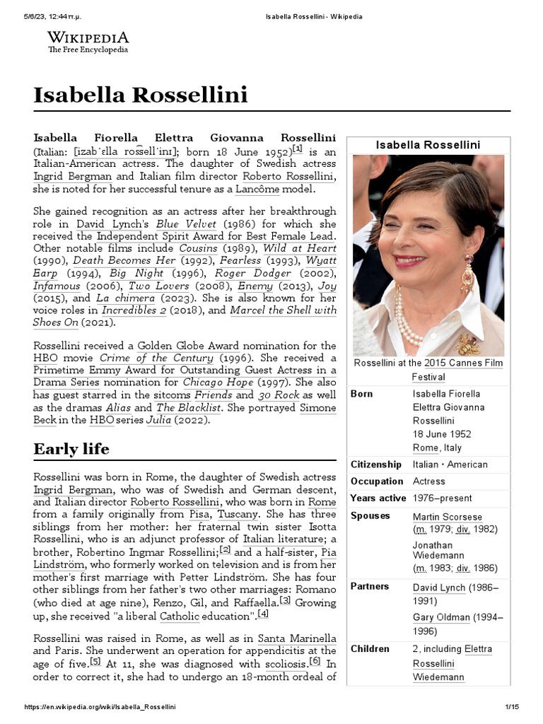 Isabella Rossellini - Wikipedia | PDF