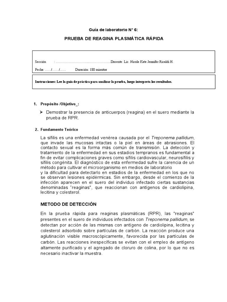 Prueba de Reagina Plasmática Rápida: Guía de Laboratorio #6 | PDF