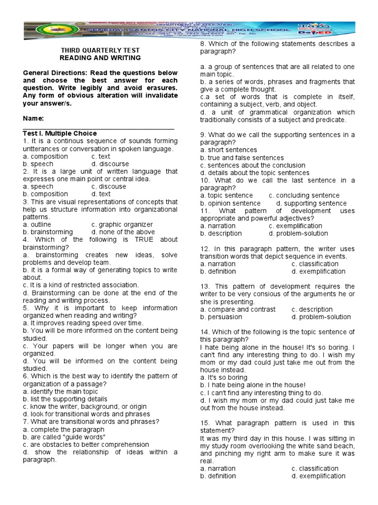 Third Quarterly Test PDF