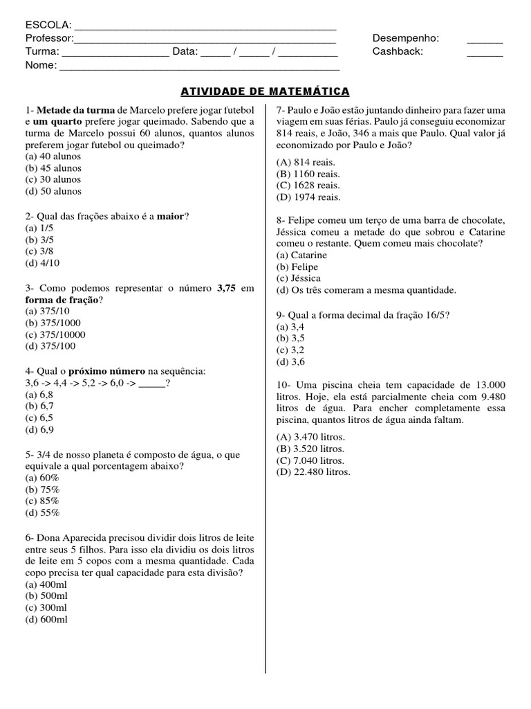 Atividades De Matemática Resolução De Problemas Pdf Matemática