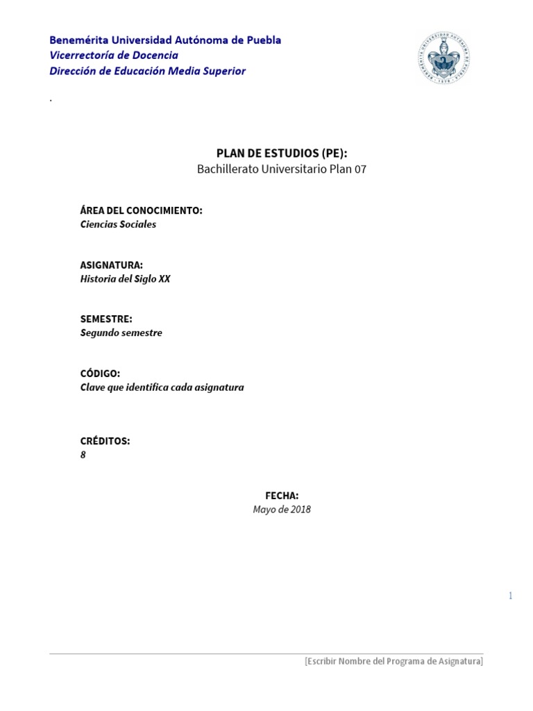 Plan de Estudios: Historia Siglo XX BUAP | PDF | Enseñando | Maestros