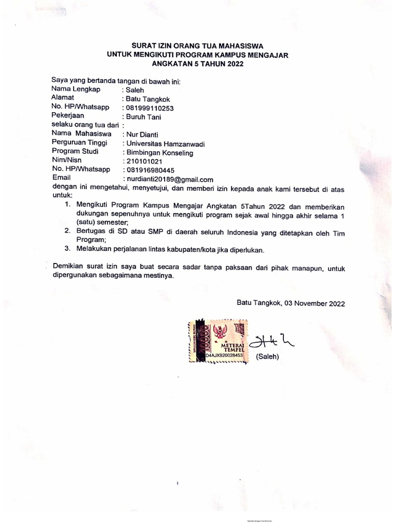 Surat Izin Orang Tua | PDF