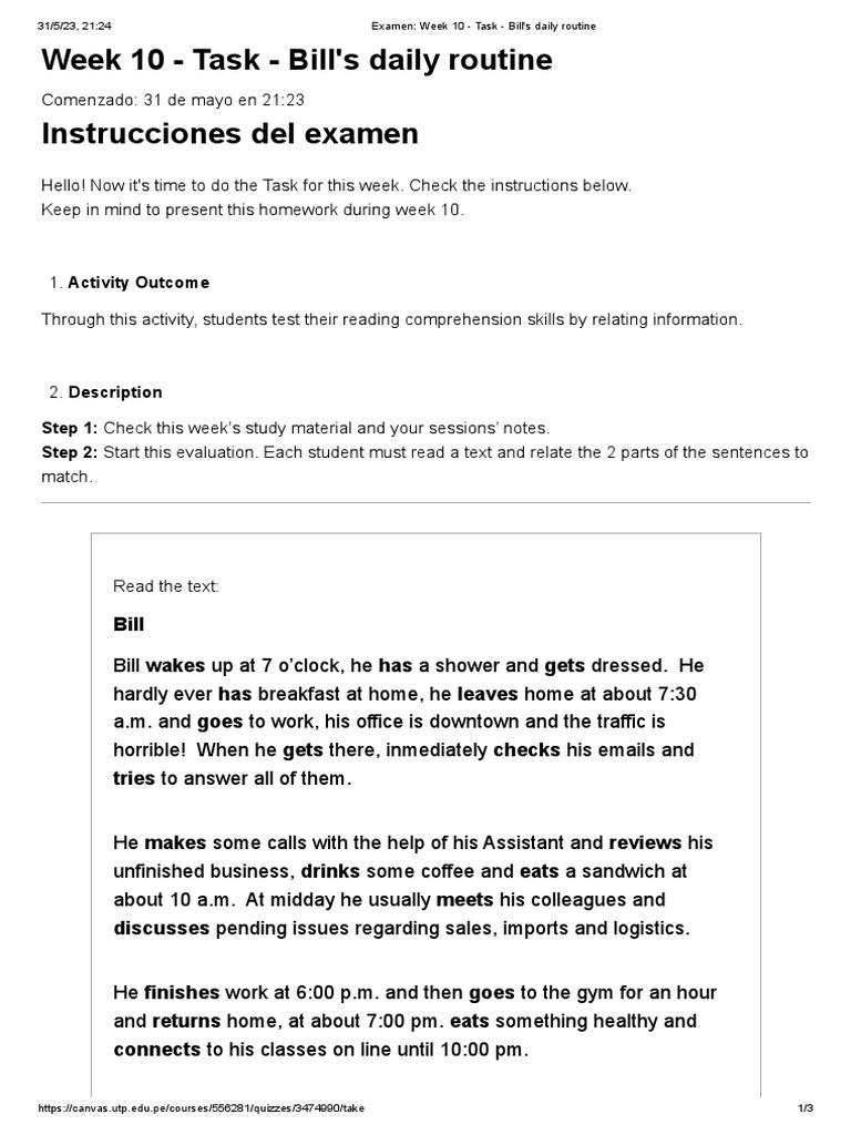 Bill's Daily Routine Exam Instructions | PDF | Pedagogy | Cognitive Science