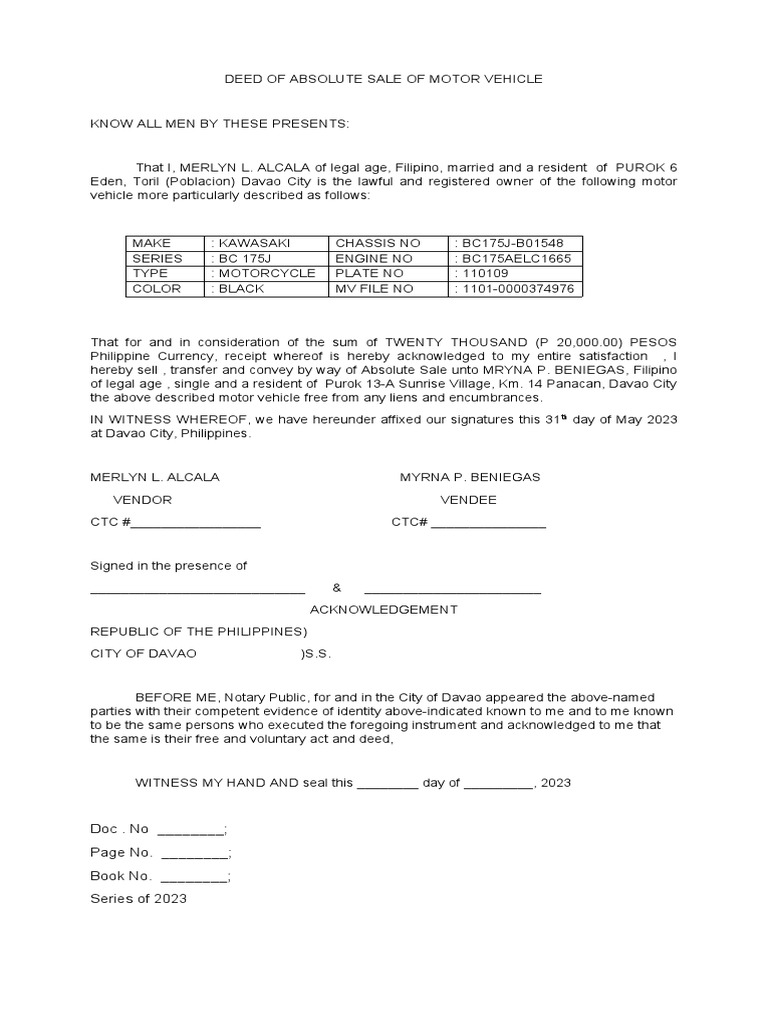 What Is Ctc Number In Deed Of Sale Motorcycle