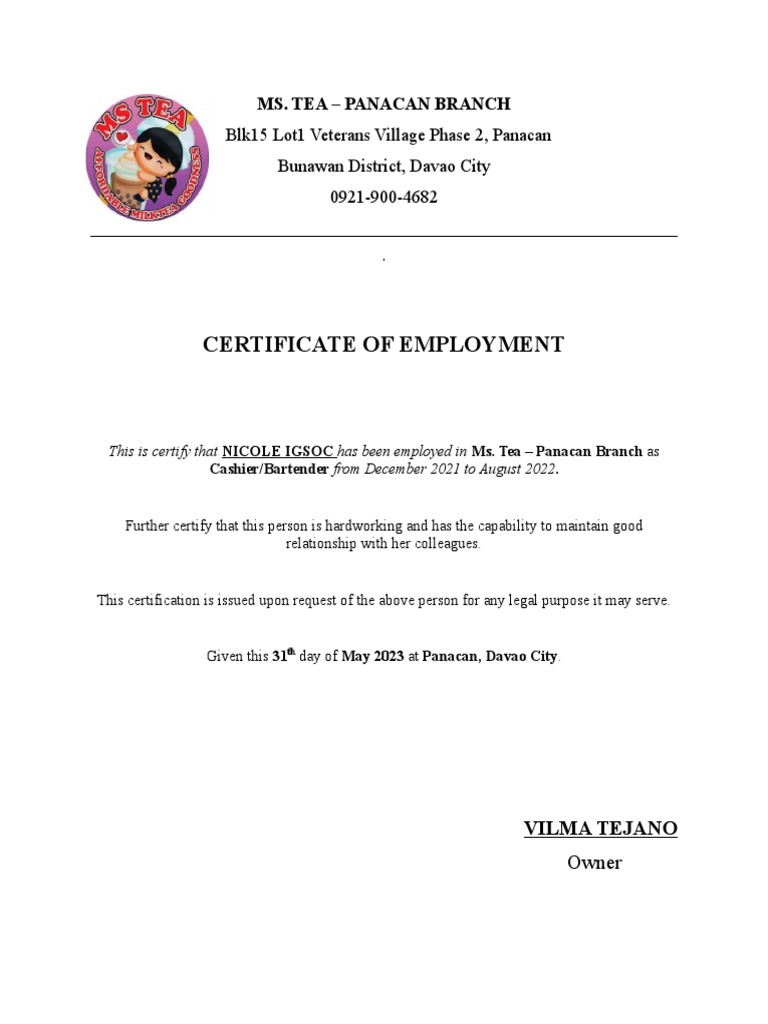 Certificate of Employment - Ms. Tea | PDF