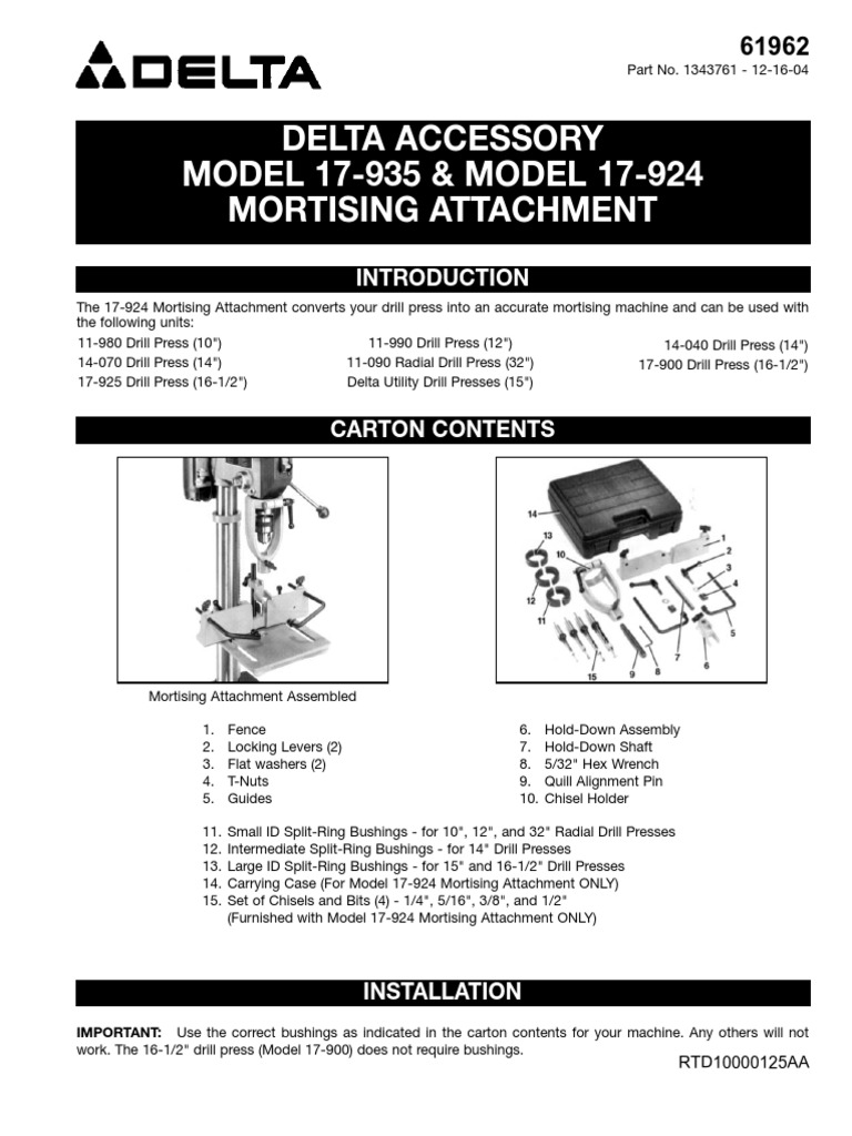 Delta Accessory MODEL 17935 & MODEL 17924 Mortising Attachment PDF