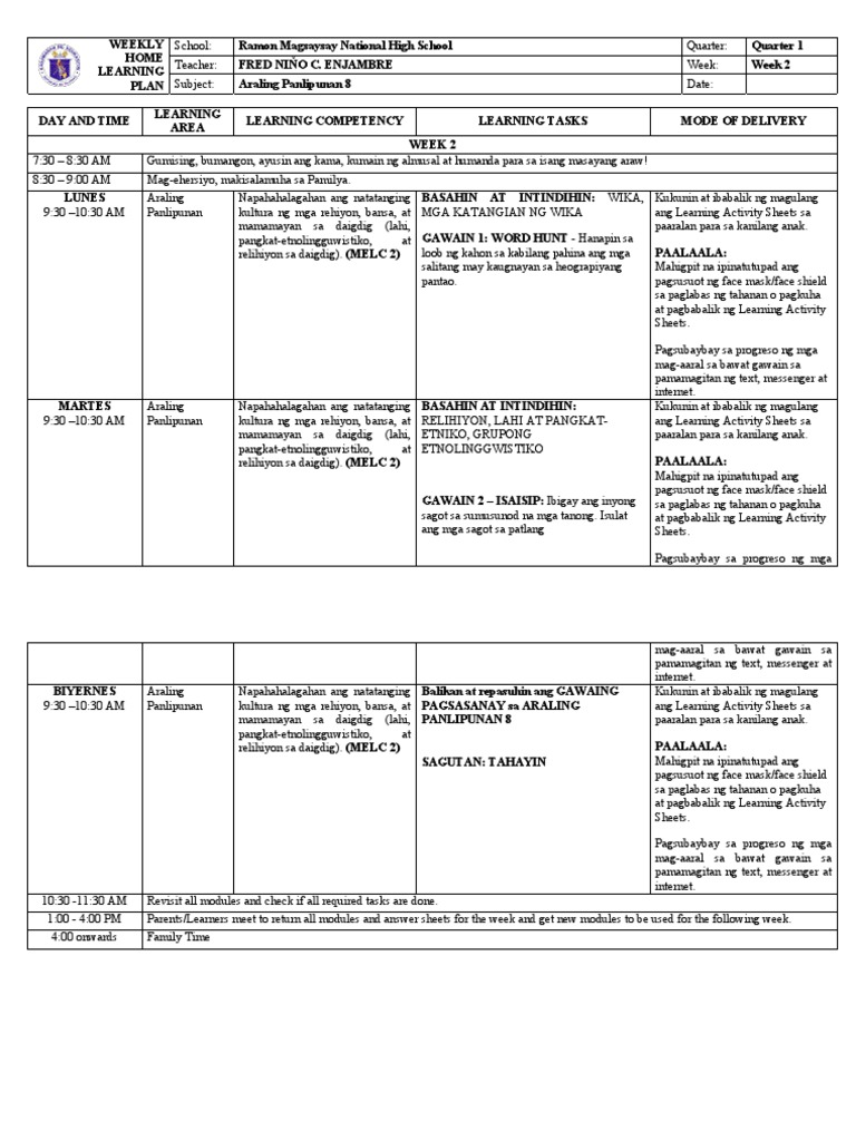 Weekly Home Learning Plan Araling Panlipunan 8 Week 2 Module 2 | PDF