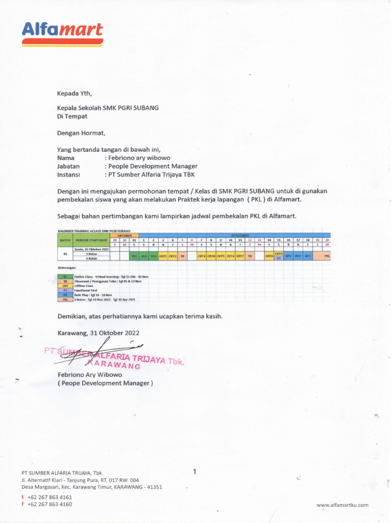 Surat Izin Training PKL Alfamart | PDF