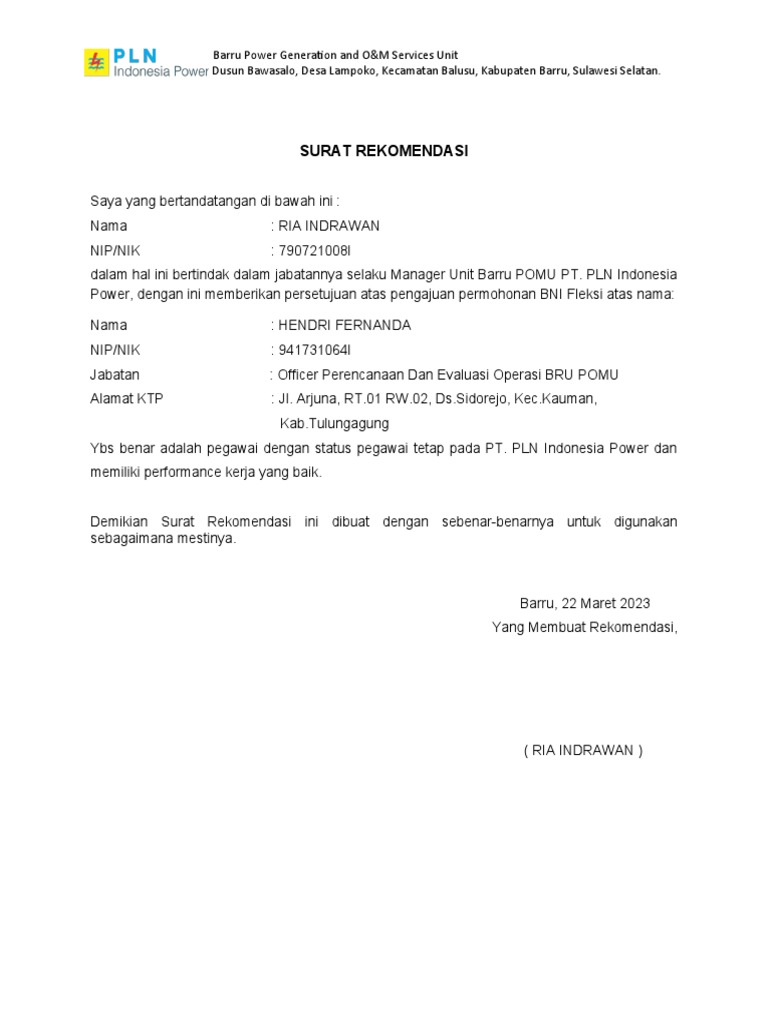 Surat Rekomendasi Bni Fleksi Pdf