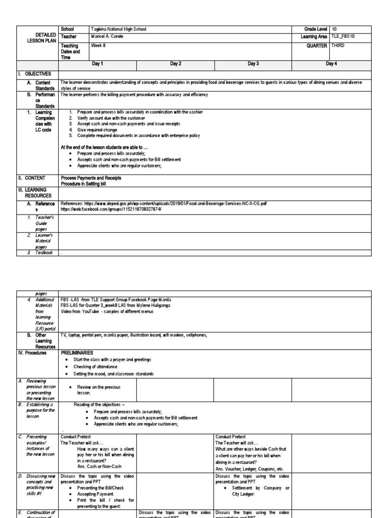 Lesson Plan for Food & Beverage Services | PDF | Cash | Lesson Plan