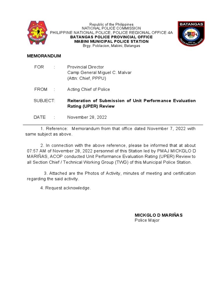 November 28,2022 Reiteration of Submission of Unit Performance ...