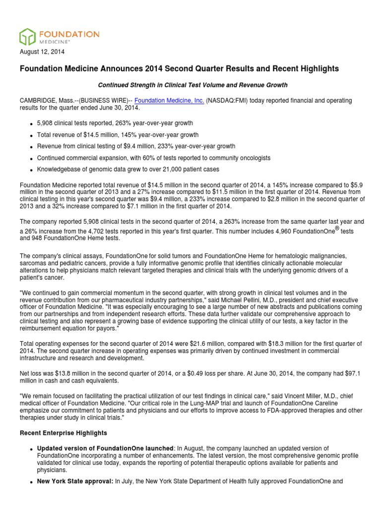 Foundation Medicine News 2014 8 12 General Releases PDF