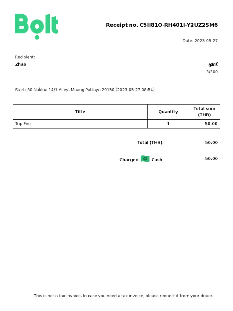 Bolt Taxi Receipt - Thailand | PDF