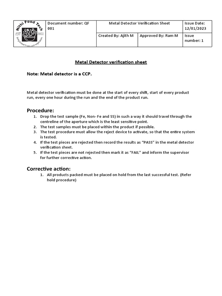 QF 001 Metal Detector Verification Sheet PDF Physical Sciences