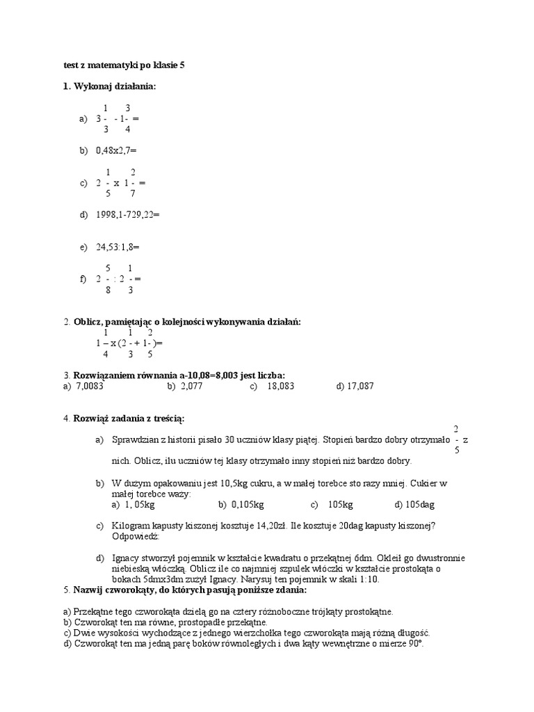 Diagnoza Z Matematyki Klasa 5 test-z-matematyki-po-klasie-5 | PDF