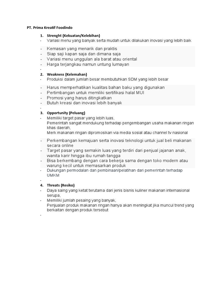 Analisis SWOT PT. Prima Kreatif Foodindo | PDF | Teknologi & Rekayasa