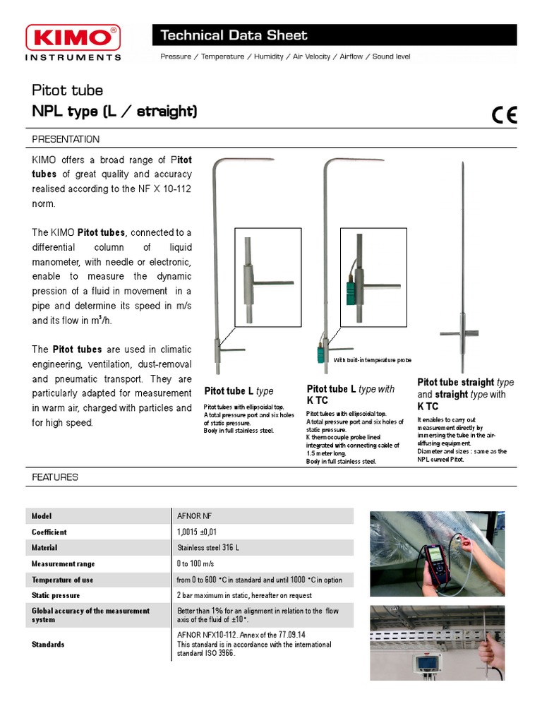 KIMO Pitot Tube Specifications and Use | PDF | Pressure Measurement ...