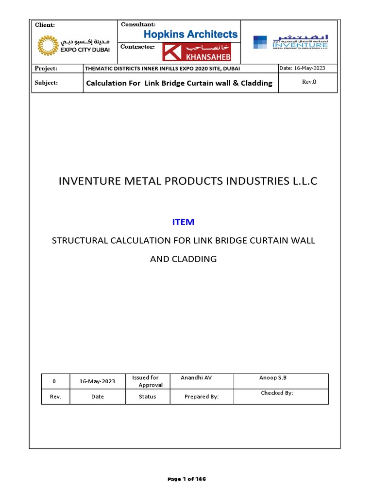 Calculation for Link Bridge Curtain Wall & Cladding R0 | PDF