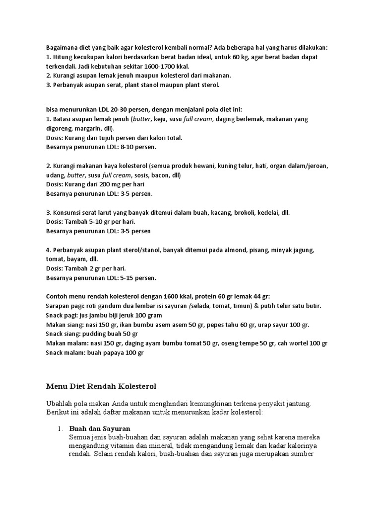 Menu Diet Rendah Kolesterol Sehat | PDF