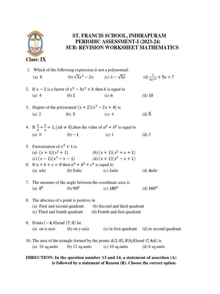 Maths class 9 pa1 revision worksheet1 pdf cartesian coordinate