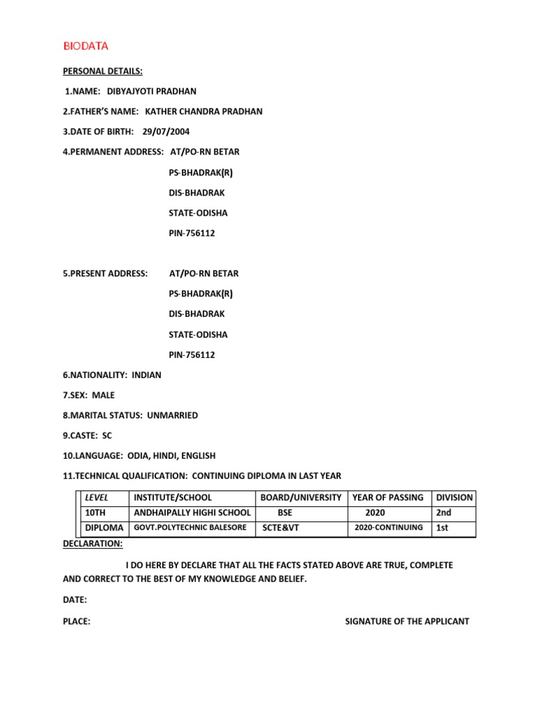 Bio Data Resumes PDF - 1720636055