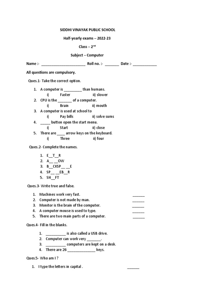 Half yearly exams 2022 23 class 2 subject computer name roll
