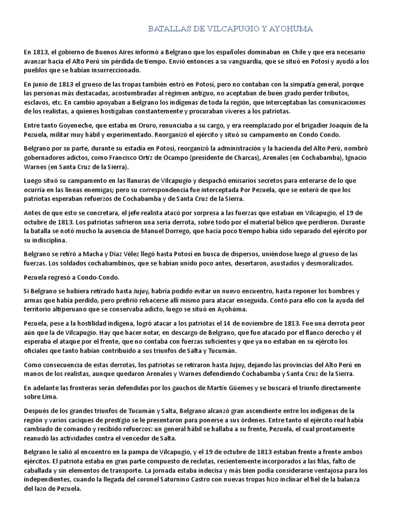 Batallas de Vilcapugio y Ayohuma PDF Conflictos Militar