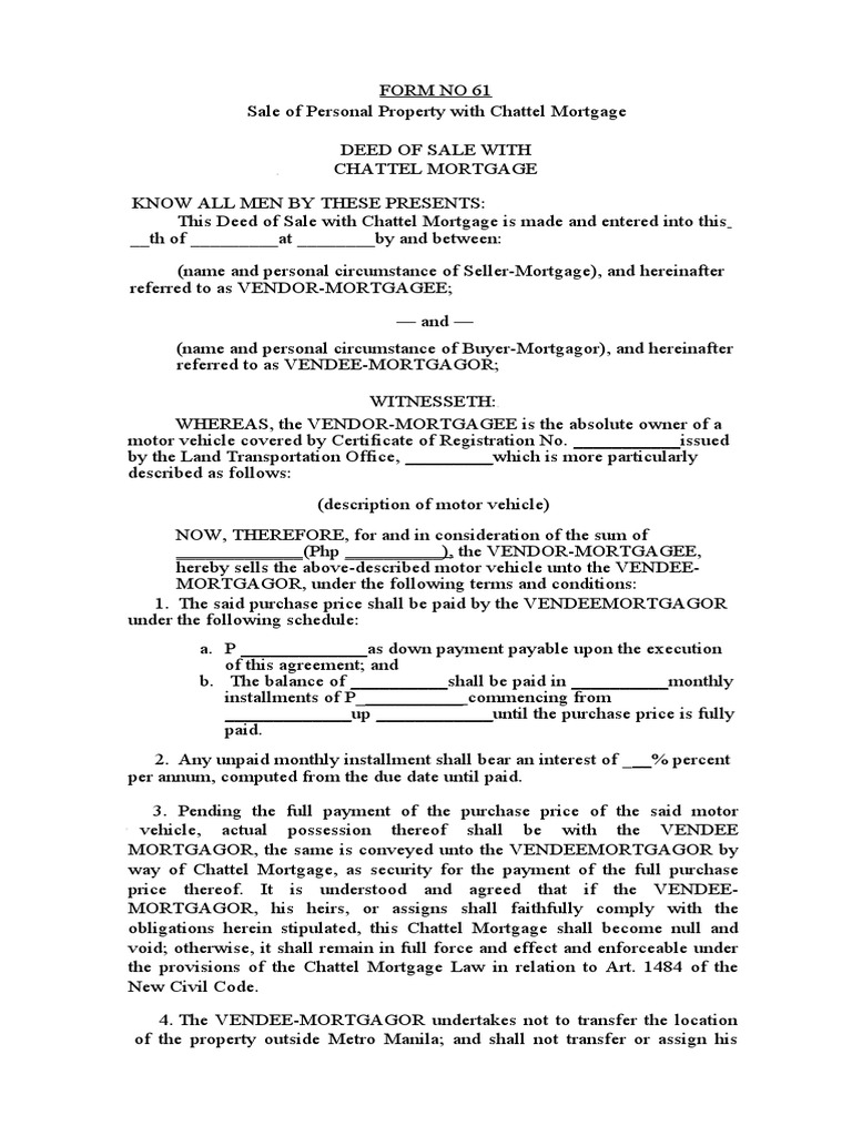 FORM NO. 61 Sale of Personal Property With Chattel Mortgage Download Free PDF Mortgage Law