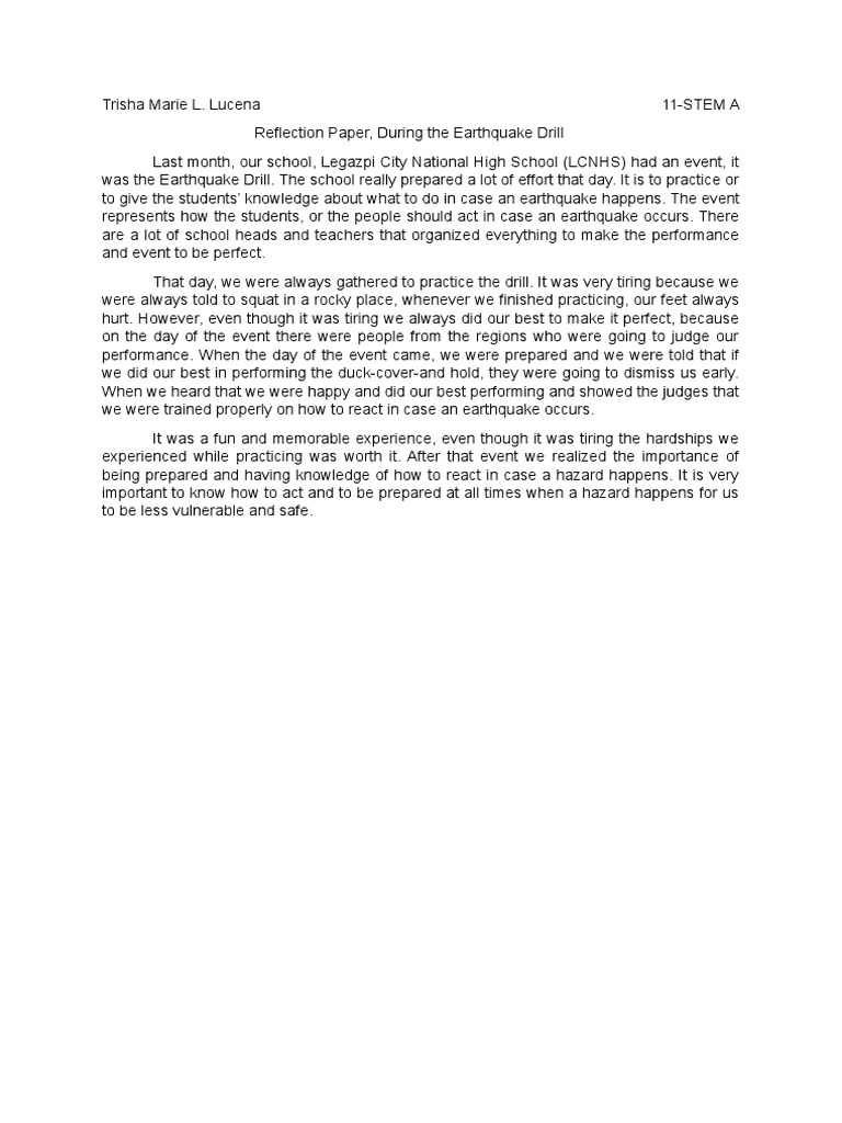 Reflection Paper During Earthquake Drill PDF