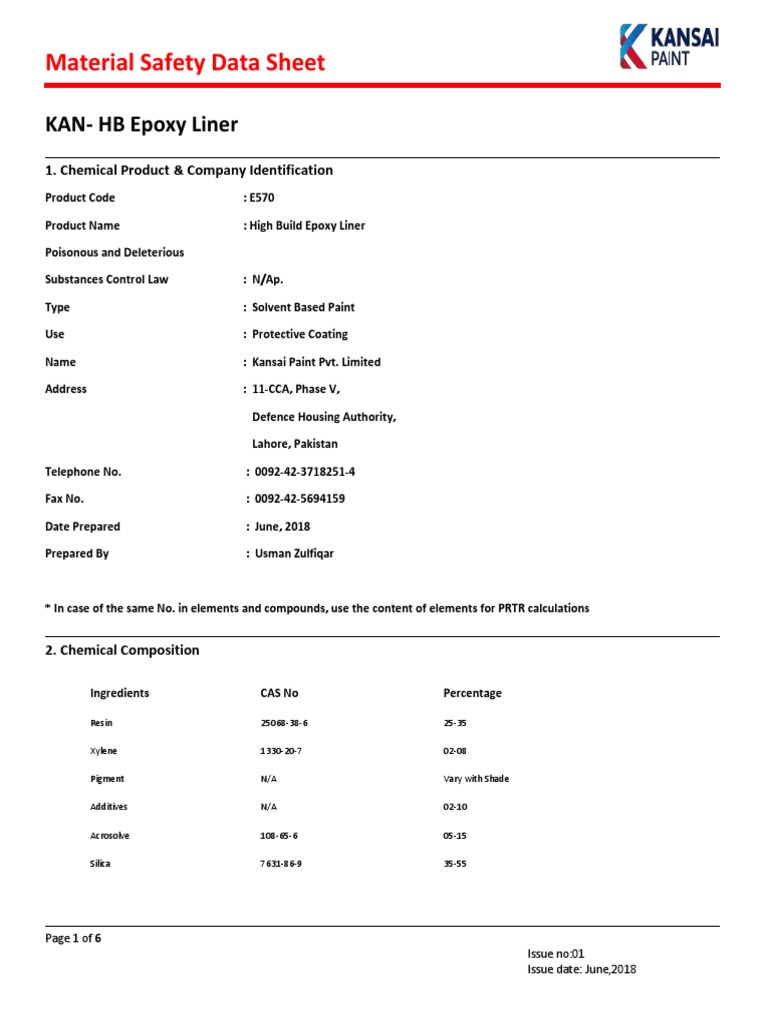MSDS Kan HB Epoxy Liner PDF Dangerous Goods Occupational Safety