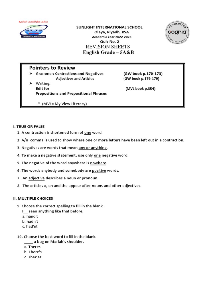 Grade 5 English Quiz Revision Guide | PDF