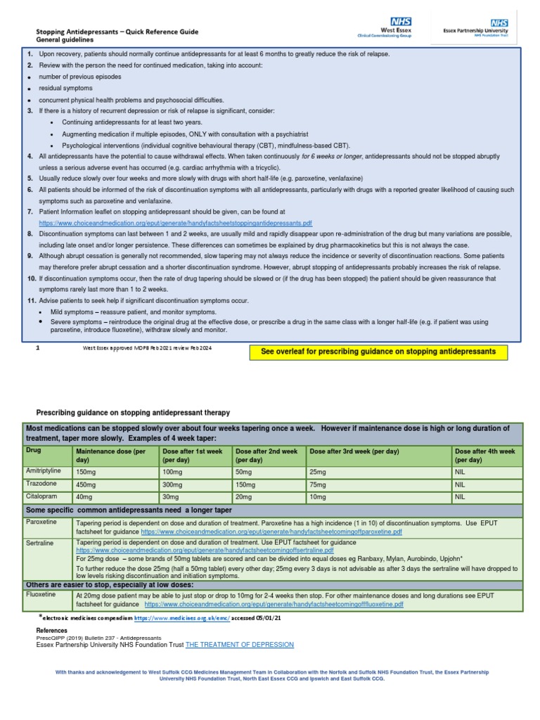 Antidepressants How To Stop - Quick Reference Guide | PDF
