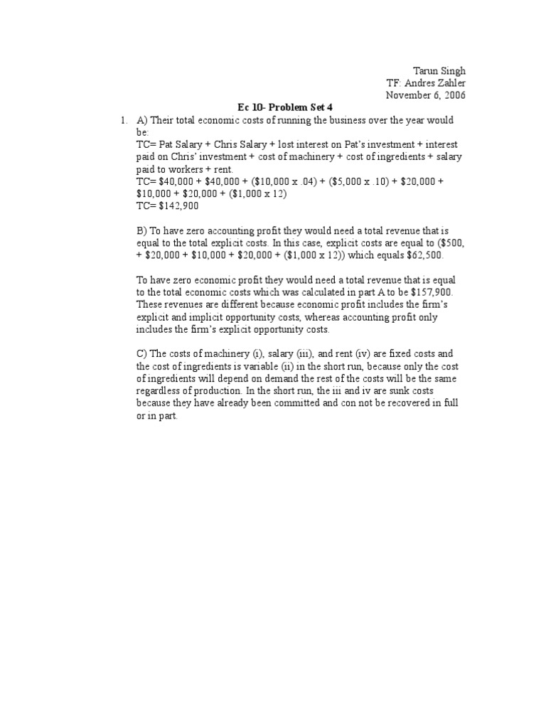 Economics Problem Set Analysis | PDF | Marginal Cost | Profit (Economics)