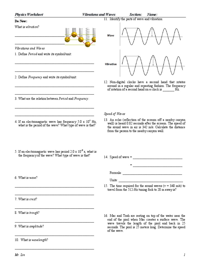 Physics Worksheet Lesson 22 Vibrations and Waves PDF Waves Frequency